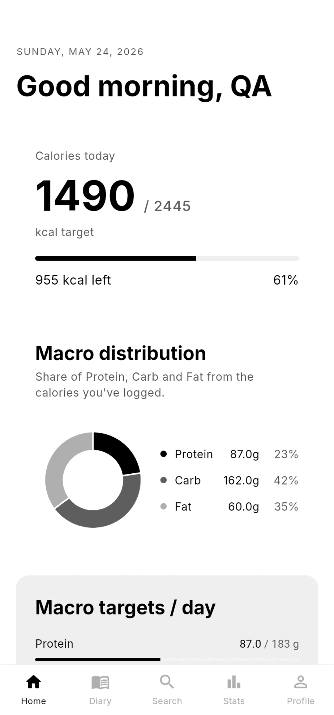 Nibble — Daily home screen with calorie progress and macro distribution