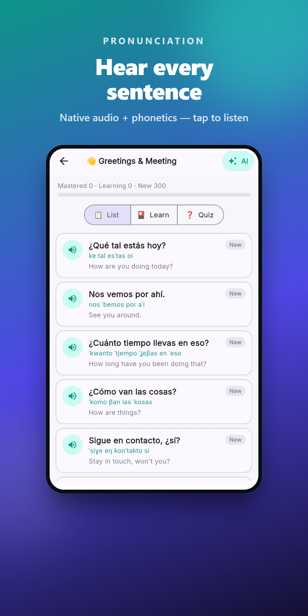 Native audio + phonetics